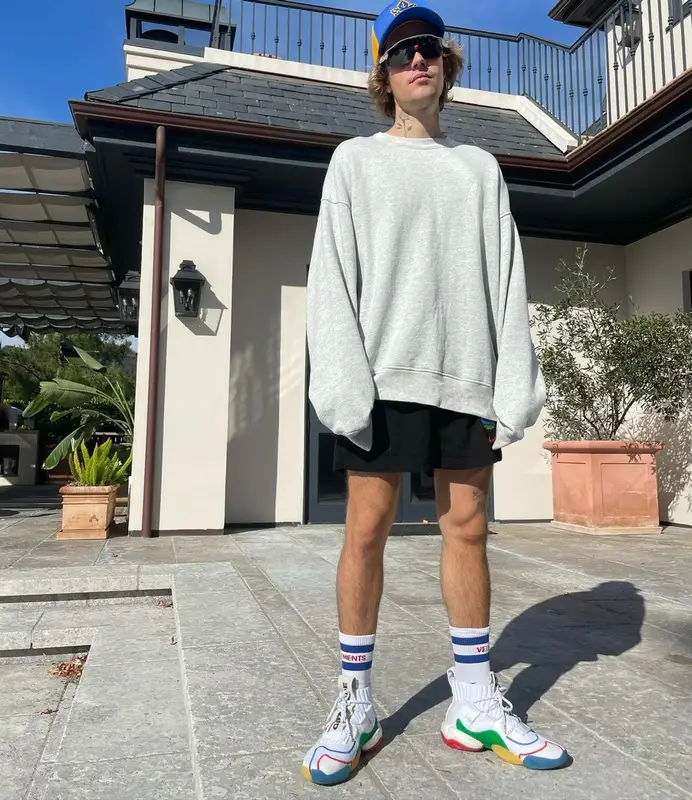 Justin Bieber outfit in Adidas, Oakley, and Vetements, 2021