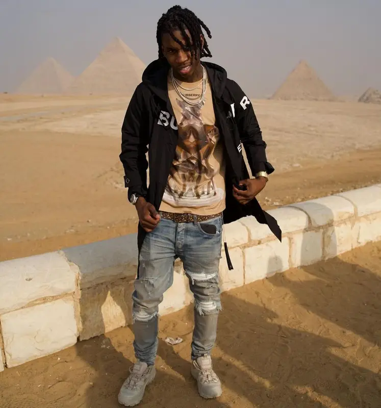 Polo G outfit in Burberry and Amiri, 2021