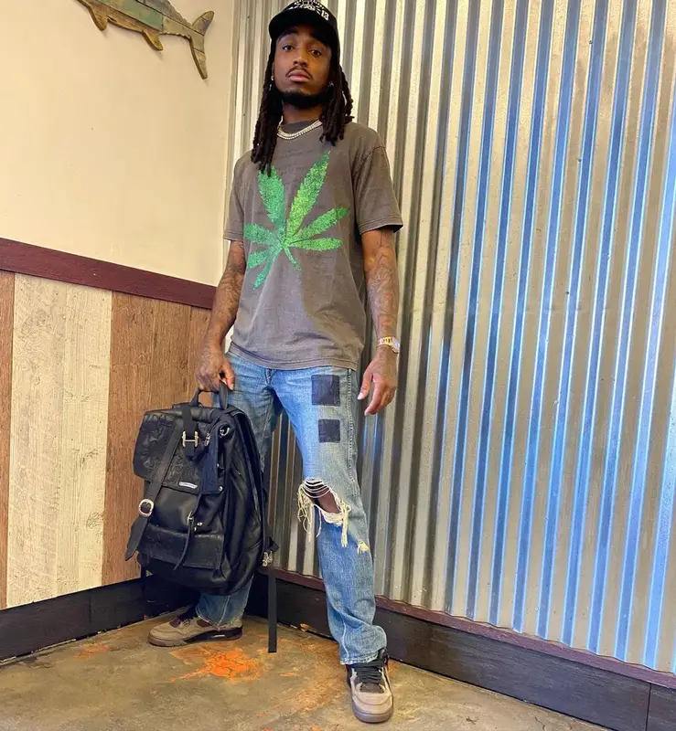 Quavo outfit in Gallery Dept., Number (N)ine, and Jordan, 2020