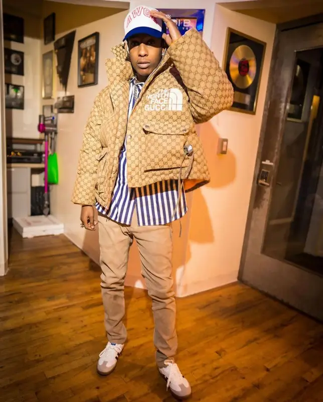 ASAP Rocky outfit in Gucci, AWGE, and The North Face, 2021