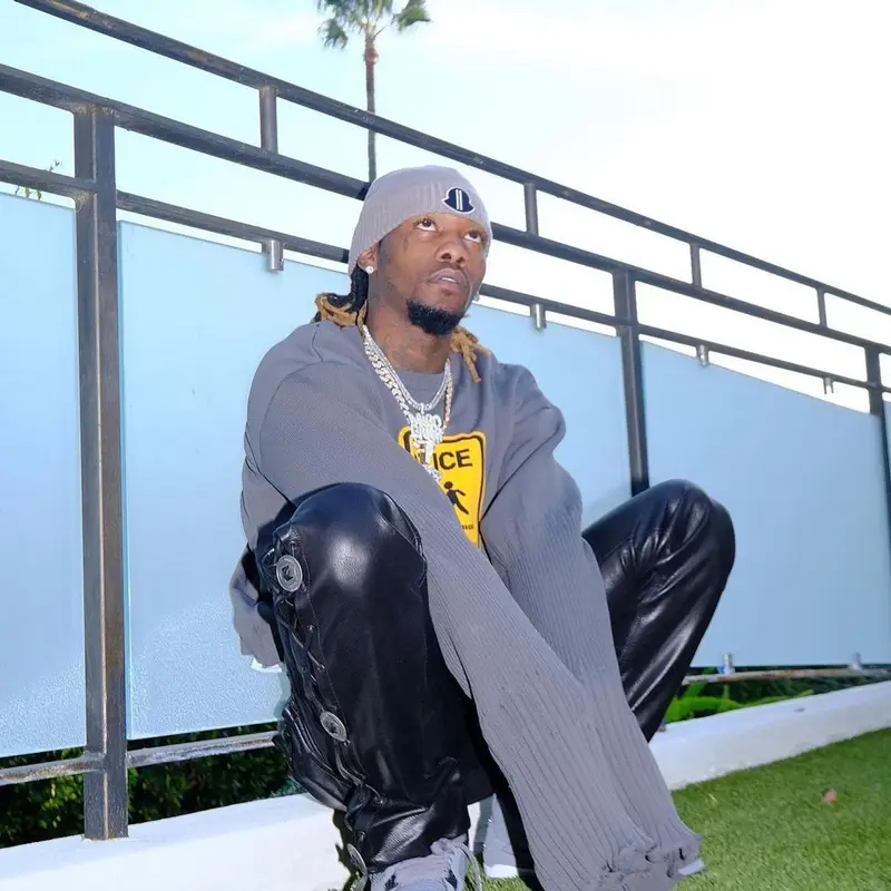 Offset outfit in Jordan, Rick Owens, and Moncler, 2021