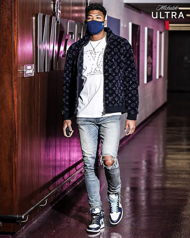 Rui Hachimura outfit in Louis Vuitton, Amiri, and Nike, 2021