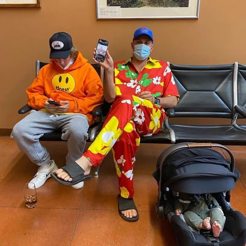 Justin Bieber outfit in Drew House, Fear of God, and Vetements, 2021