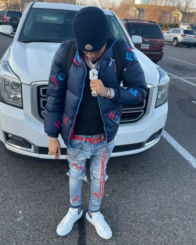 Lil Migo outfit in Tommy Hilfiger, Off-White, and Moncler, 2021