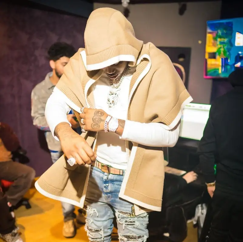 Fivio Foreign outfit in Burberry and Amiri, 2021