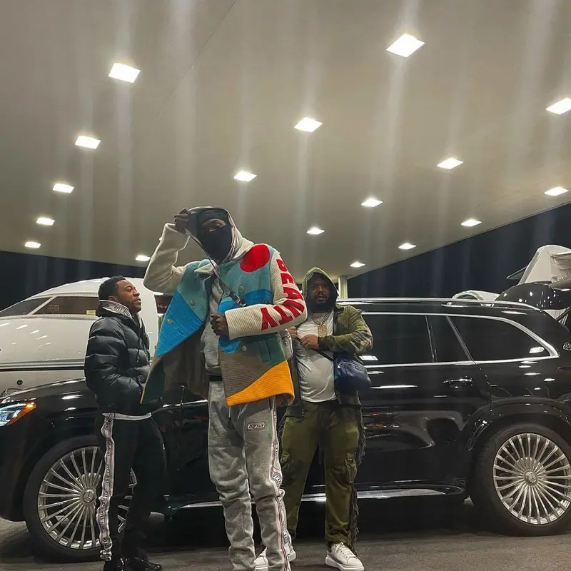Meek Mill outfit in Walter van Beirendonck, Outftur, and Louis Vuitton, 2021