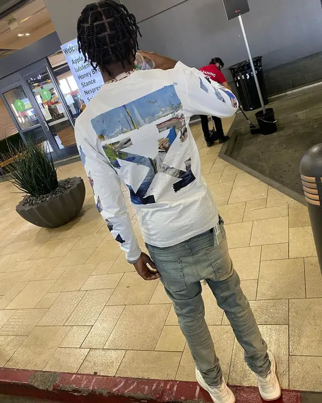 Lil Tjay outfit in Off-White and Amiri, 2021