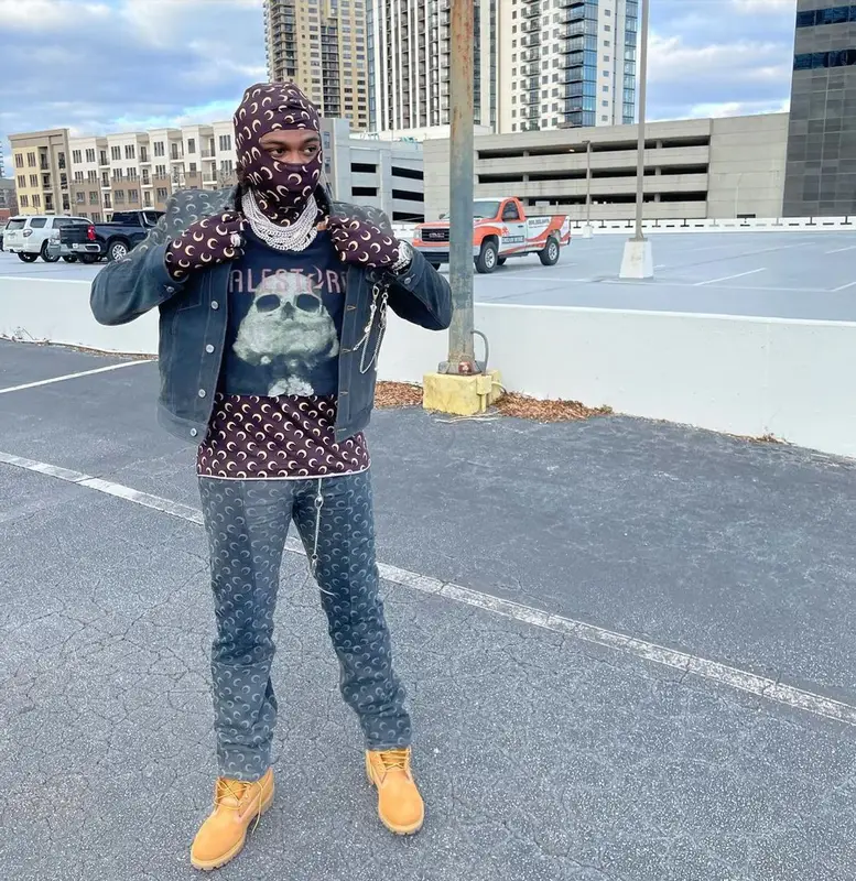 Gunna outfit in Marine Serre, Timberland, and AWGE, 2021