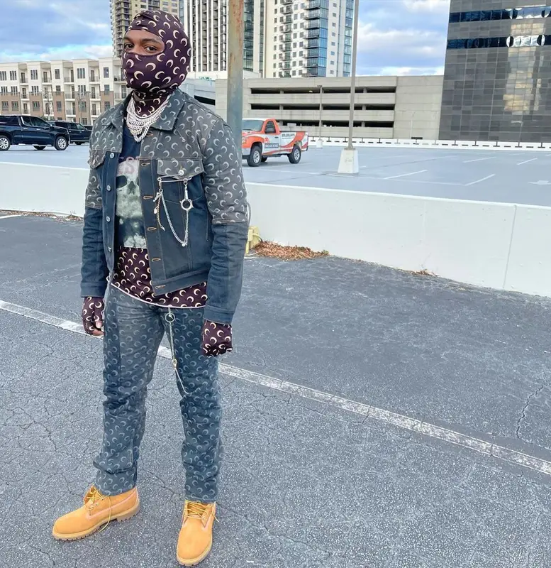 Gunna outfit in Marine Serre, Timberland, and AWGE, 2021