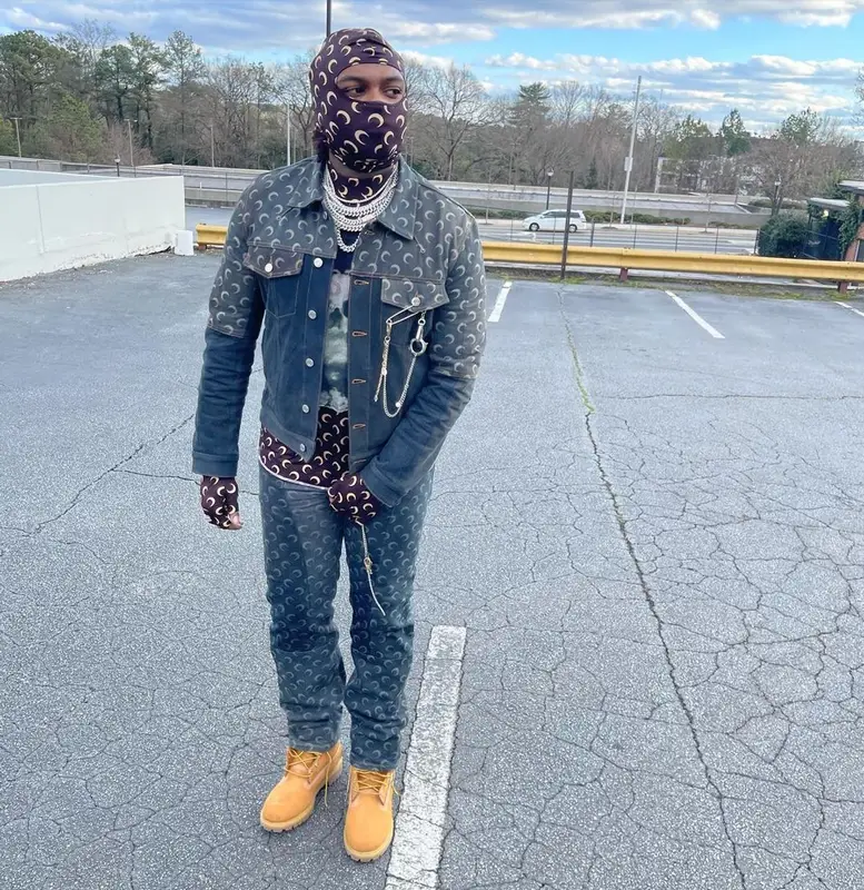 Gunna outfit in Marine Serre, Timberland, and AWGE, 2021