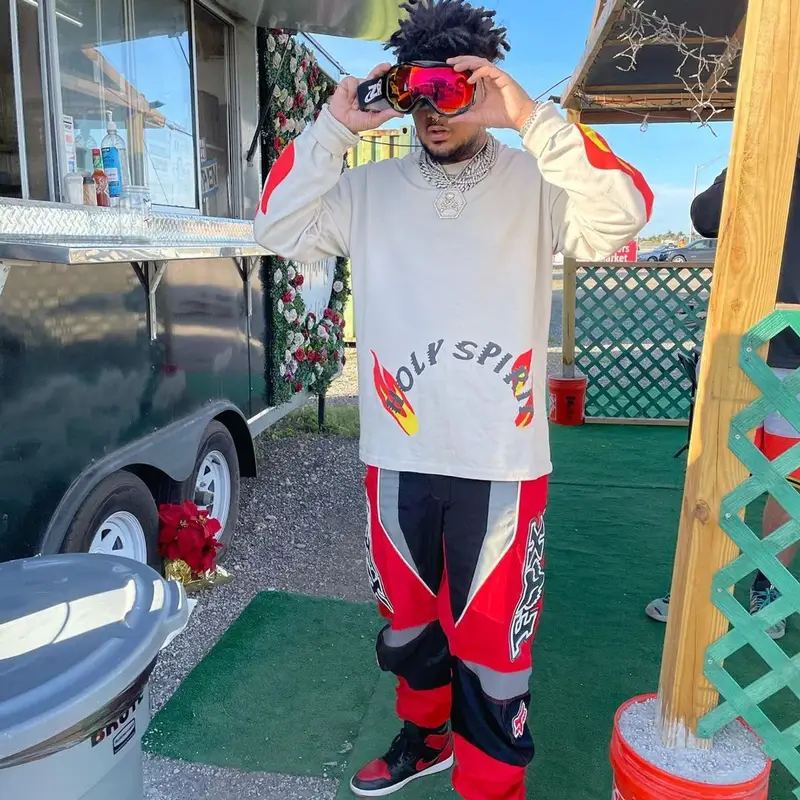 Smokepurpp outfit in Kanye West Merch, Fox Racing, and Nike, 2021
