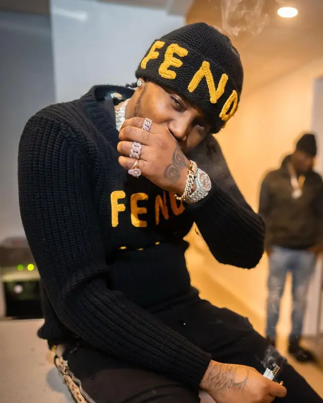 Fivio Foreign outfit in Amiri, Burberry, and Fendi, 2021