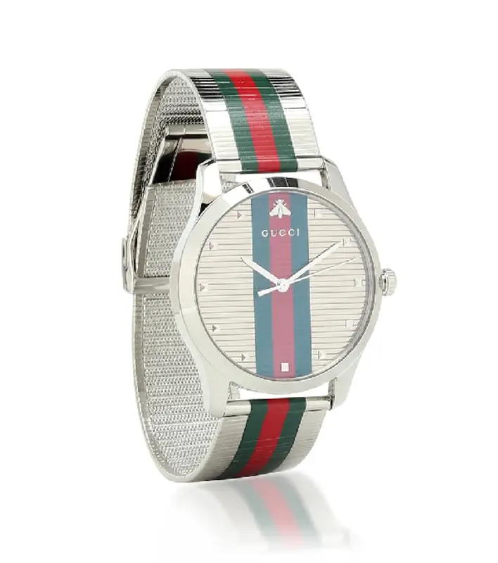 Gucci G-timeless Bee Stripe Mesh Band Watch, 42mm In Silver $1150