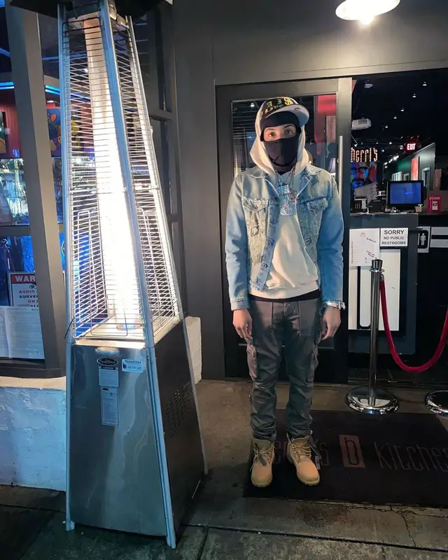 G Herbo outfit in Off-White, Amiri, and Timberland, 2021