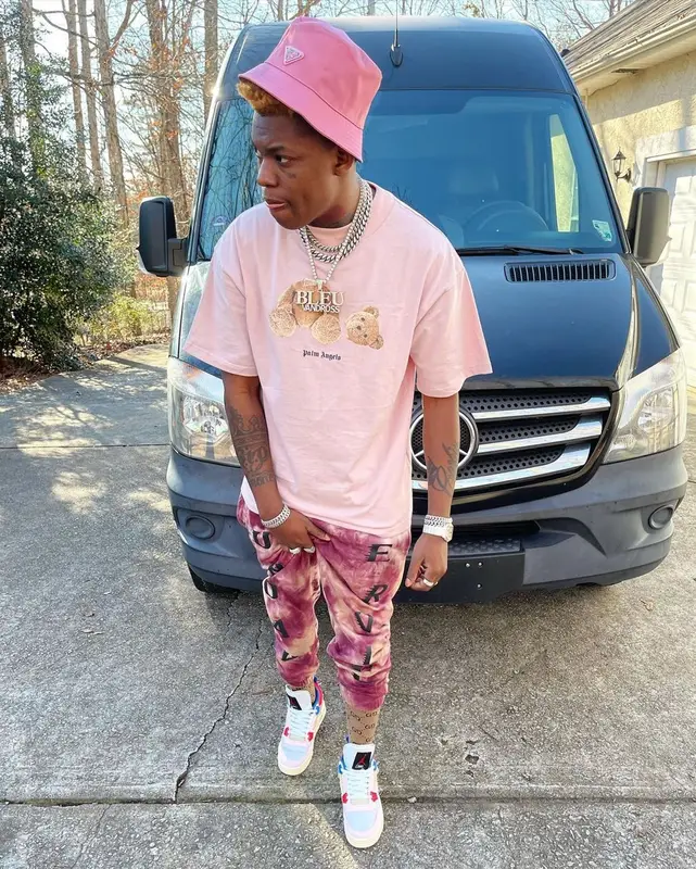 Yung Bleu outfit in Palm Angels, Kanye West Merch, and Prada, 2021