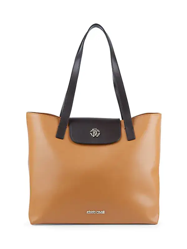 Roberto Cavalli Colorblock Leather Flap Tote In Brown $1635