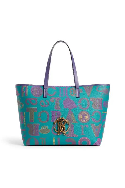 Roberto Cavalli Mirror Snake Cavalli Mania Print Tote In Blue $1020