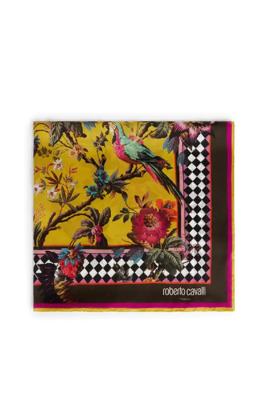 Roberto Cavalli Botanic Frame Print Silk Stole In Yellow $335
