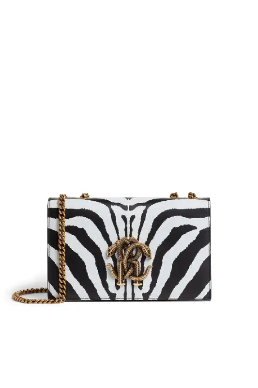 Roberto Cavalli Medium Mirror Snake Zebra Print Shoulder Bag In Black $1090