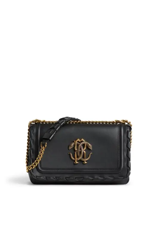 Roberto Cavalli Medium Mirror Snake Shoulder Bag In Black $1850