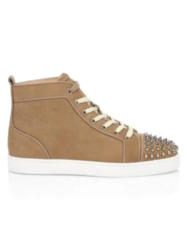 Christian Louboutin Men's Louis Spikes Orlato Flat Pebbled Leather High-top Sneakers In Fennec $995