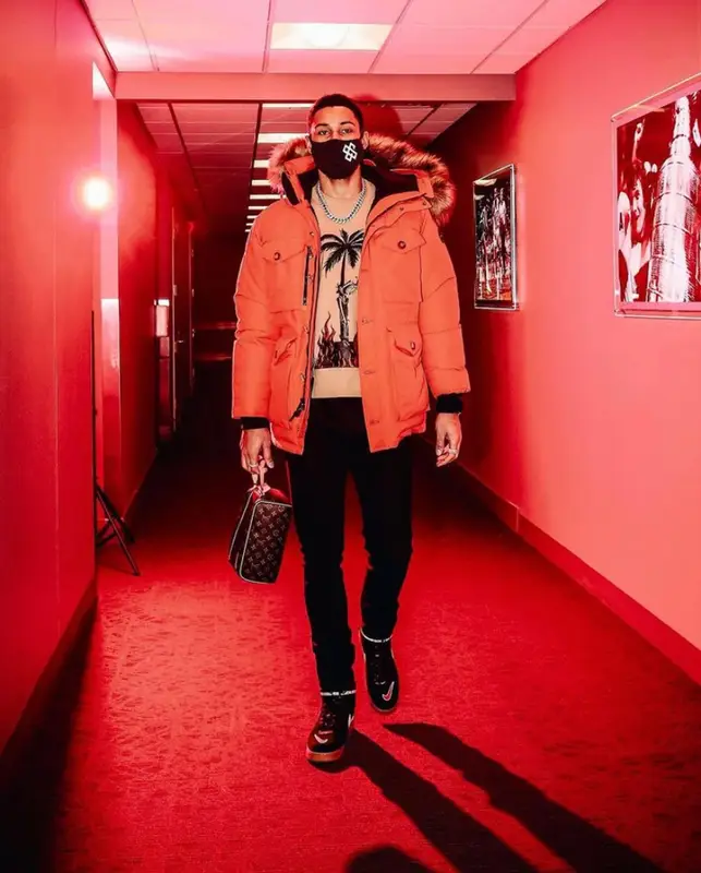 Ben Simmons outfit in Ralph Lauren, Palm Angels, and Louis Vuitton, 2021