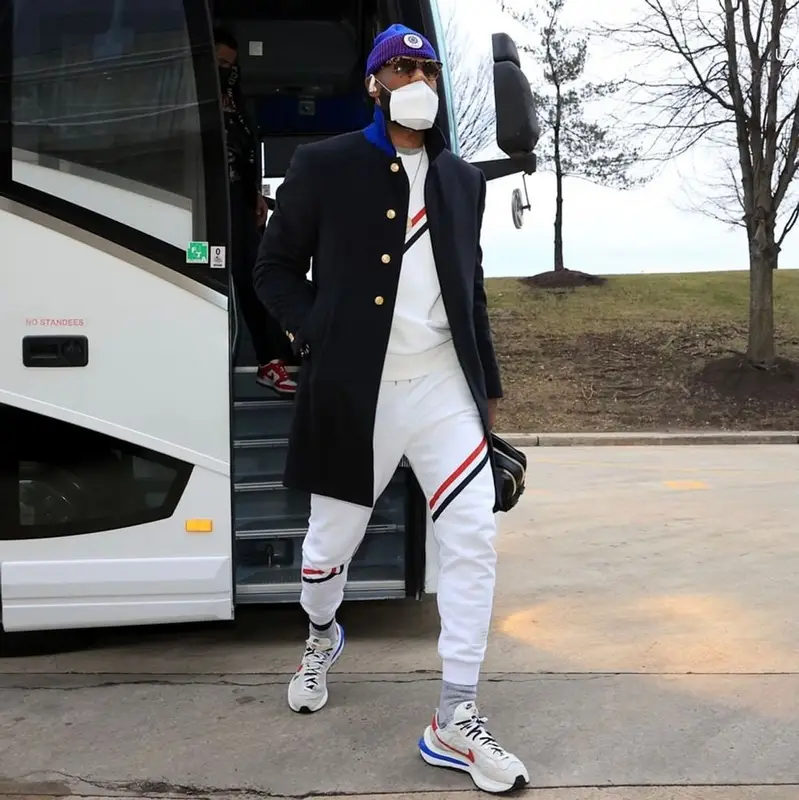 LeBron James outfit in Thom Browne, Nike, and Sacai, 2021