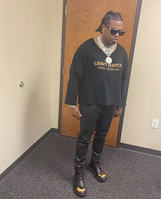 Gunna outfit in Rick Owens, Alexander McQueen, and Louis Vuitton, 2021