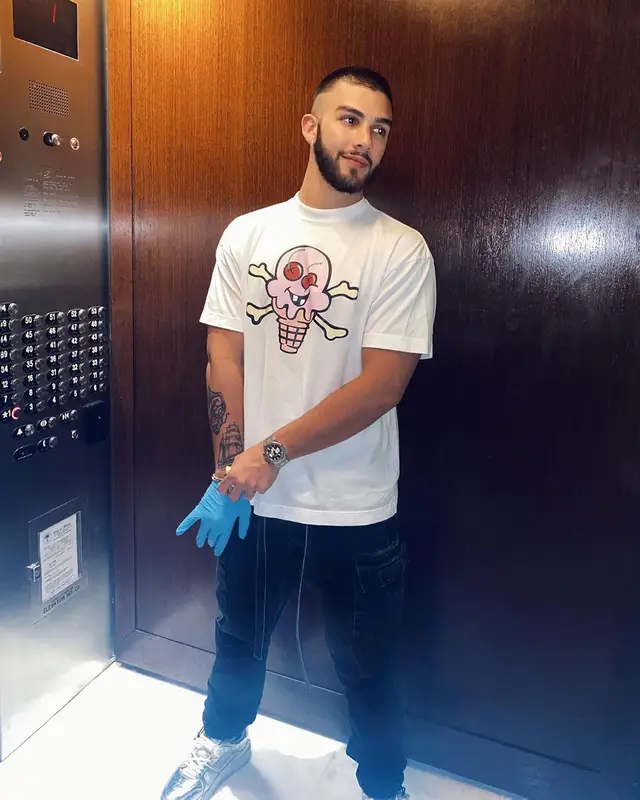 Manuel Turizo outfit in Palm Angels, Fear of God, and Louis Vuitton, 2020
