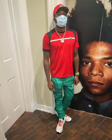 Meek Mill outfit in Off-White, Mizuno, and Ducati Corse, 2020