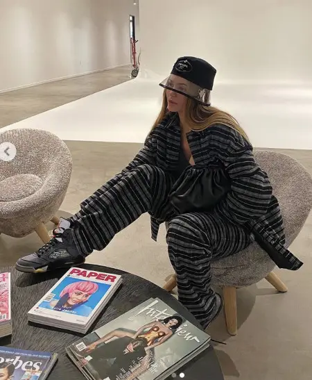 Kylie Jenner outfit in Balenciaga, Bottega Veneta, and Prada, 2020