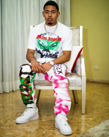 Myke Towers outfit in Palm Angels, Off-White, and Nike, 2020
