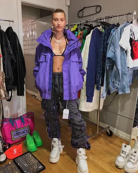 Hailey Bieber outfit in Balenciaga, D.Bleu.Dazzled, and Naked Wolfe, 2020