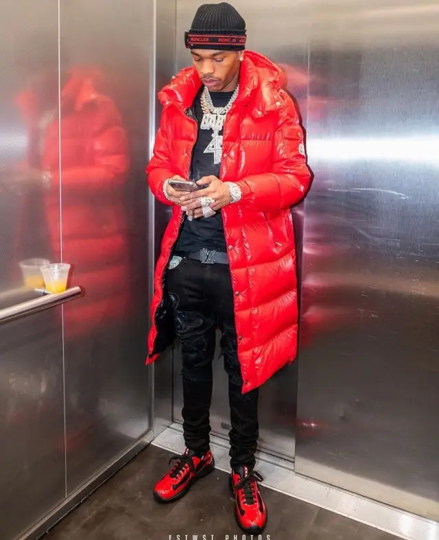 Lil Baby outfit in Amiri, Louis Vuitton, and Moncler, 2020