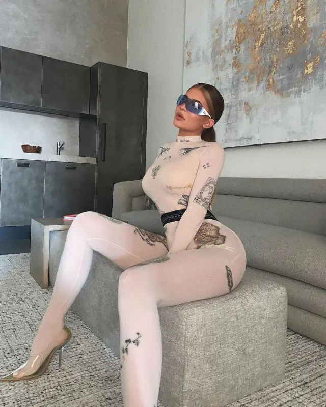 Kylie Jenner outfit in Marine Serre, Dior, and Yeezy, 2020