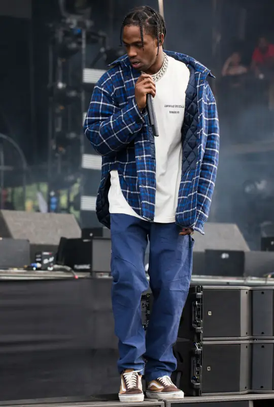 Travis Scott outfit in Balenciaga, Travis Scott Merch, and Palace, 2020