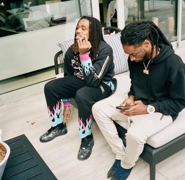 Quavo outfit in BooHooMan, Louis Vuitton, and Kito, 2020