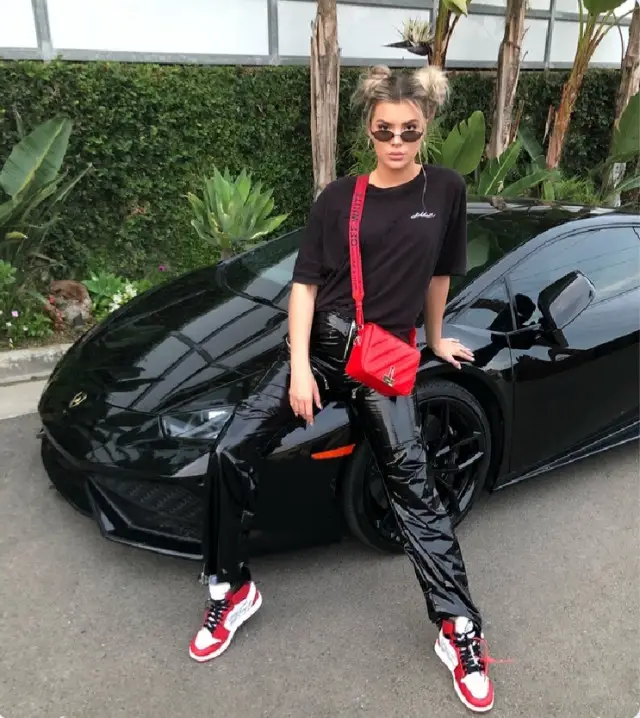Alissa Violet outfit in David Dobrik's, Off-White, and Quay Australia, 2020