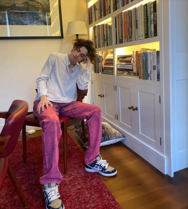 Timothee Chalamet outfit in Stella McCartney, Nike, and Travis Scott Merch, 2020