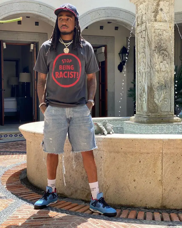 Quavo outfit in Gallery Dept., Jordan, and Travis Scott Merch, 2020