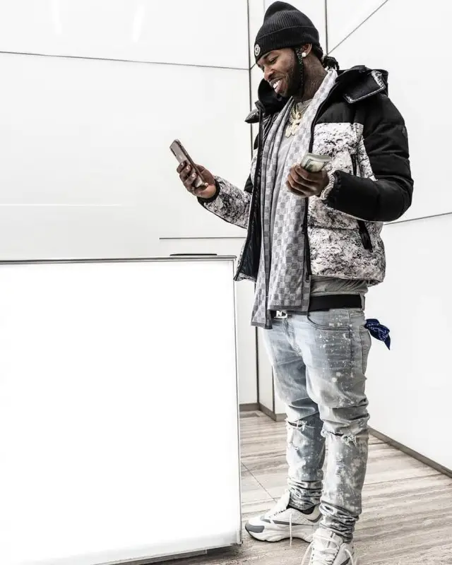 Pop Smoke outfit in Amiri, Moncler, and Louis Vuitton, 2020