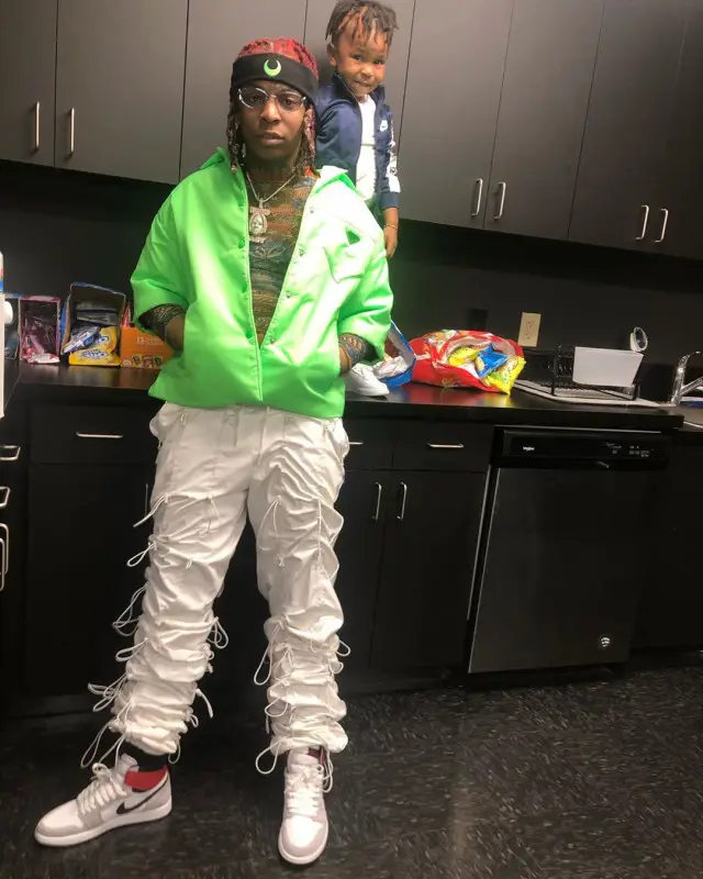 Lil Gotit outfit in Prada, Fish-Scale, and Marine Serre, 2020