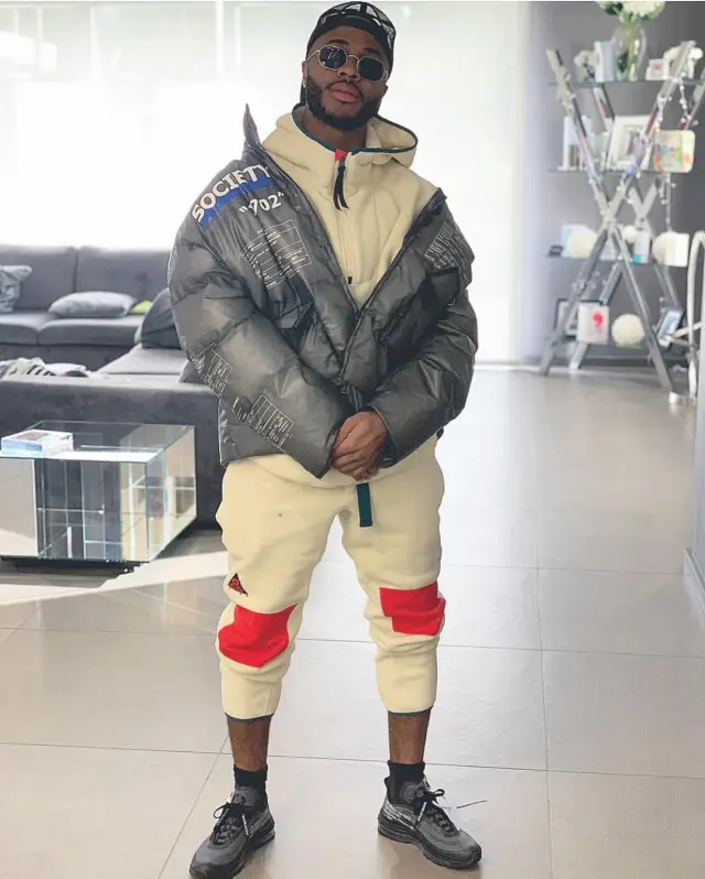 Raheem Sterling outfit in Clout Collection, Nike, and Off-White, 2020