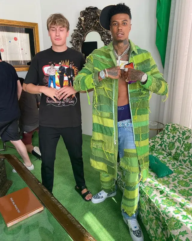 Blueface outfit in Denimcratic, B.B. Simon, and New Era, 2020