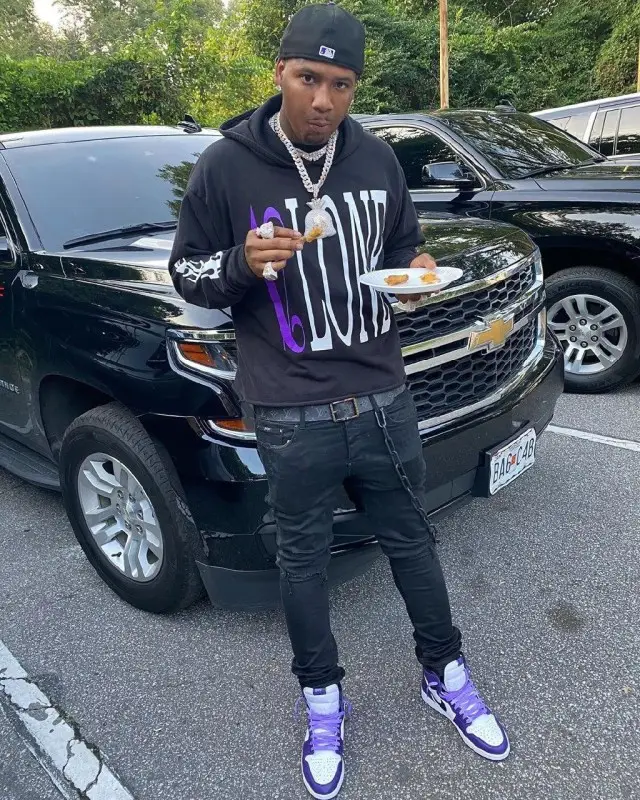 Moneybagg Yo outfit in Vlone, New Era, and Palm Angels, 2020