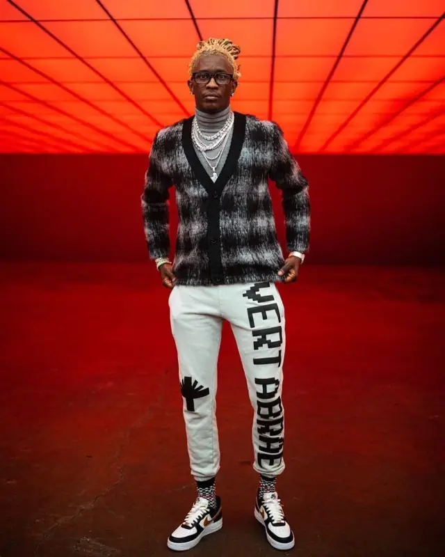 Young Thug outfit in Vertabrae, Chrome Hearts, and Nike, 2020