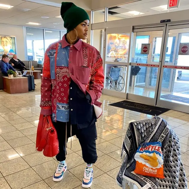 Teyana Taylor outfit in Urban Outfitters, Rick Owens, and Nike, 2020