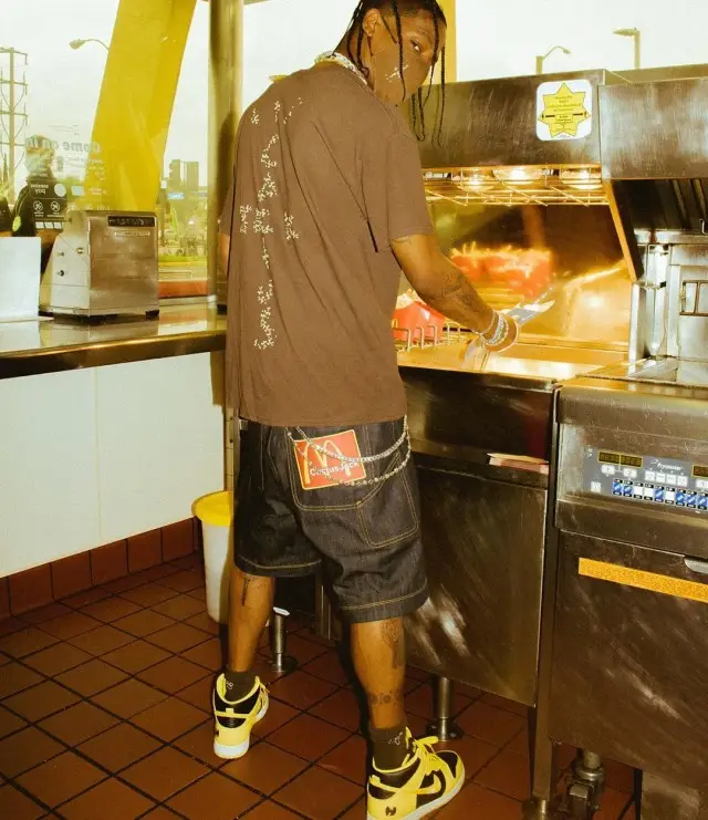 Travis Scott outfit in Cactus Jack, McDonald's Merch, and Space Village, 2020