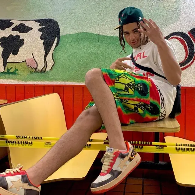 24kGoldn outfit in Pleasures, Brycey Elgin, and Bape, 2020