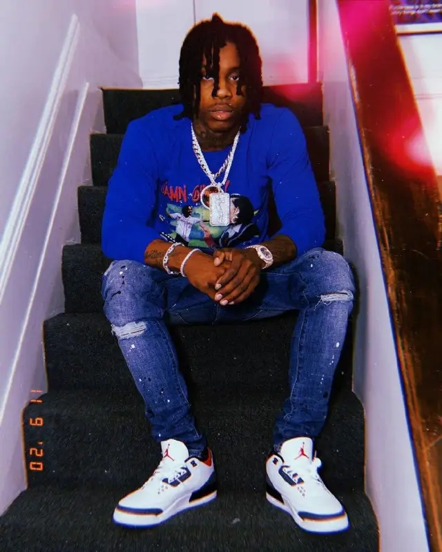 Polo G outfit in Polo G Merch, Purple Brand, and Jordan, 2020